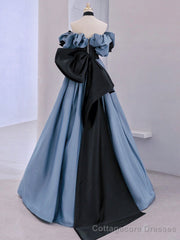 Blue Satin Lace Long Prom Dress, Off Shoulder Evening Dress