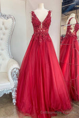 Red V-Neck Tulle Lace Long Prom Dresses, A-Line Red Evening Party Dresses