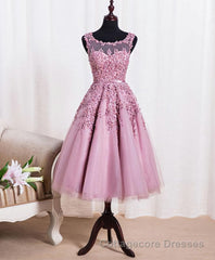 Cute Pink Lace Tulle Short Prom Dress, Pink Evening Dress