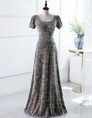 A-Line Square Long Evening Dress with Sequins