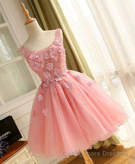 Cute A Line Pink Tulle Pearl Short Prom Dress, Homecoming Dress