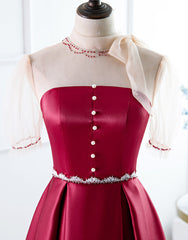 Red A-Line Round-Neck Evening Dress with Beading