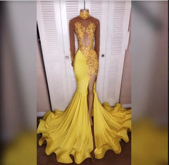 2024 Junoesque Yellow Split Mermaid/Trumpet Long Sleeve Satin Prom Dresses