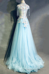 Modest Square Neckline Beading Appliques Sky Blue Long Prom Dresses Pageant Gown