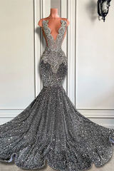 Gray Mermaid Sequins Prom Dresses Sleeveless Long With Crystals