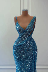 Blue Sleeveless Long Mermaid Sequins Prom Dresses