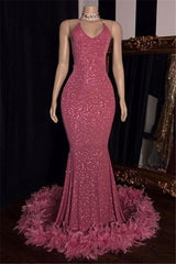 2025 Charming Mermaid Prom Dresses, Hot Pink Sequence With Feathers Halter Backless