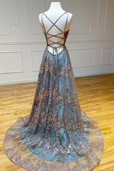 Grey Tulle Sequins Long Prom Dresses, A-Line Spaghetti Straps Evening Dresses