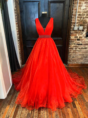 Red V-Neck Tulle Long Prom Dresses, Red A-Line Evening Dresses with Beaded