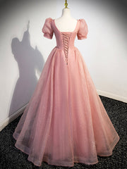 Pink Tulle Floor Length Prom Dress with Short Sleeve, Beautiful A-Line Evening Dress