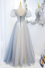 Gray Tulle Beading Long Prom Dresses, A-Line Short Sleeve Formal Evening Dresses