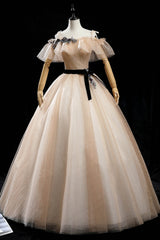 Champagne Tulle Long Prom Dresses, A-Line Princess Evening Dress