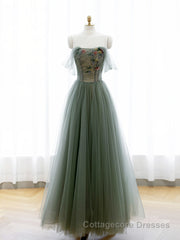 A-Line Green Tulle Long Prom Dress, Off the Shoulder Evening Party Dress