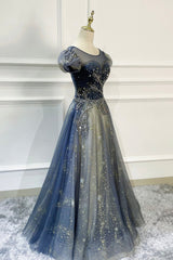 Blue Scoop Neckline Tulle Long Prom Dress, A-Line Evening Dress