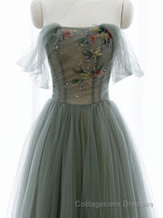 A-Line Green Tulle Long Prom Dress, Off the Shoulder Evening Party Dress