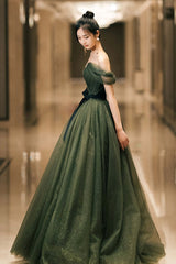 Beautiful Green Tulle Long Prom Dresses, A-Line Off the Shoulder Graduation Dresses