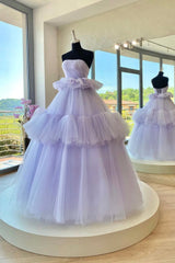 Purple Strapless Tulle Long Ball Gown, A-Line Formal Sweet 16 Dresses