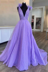 Purple V-Neck Tulle Sequins Long Prom Dresses, A-Line Evening Party Dresses