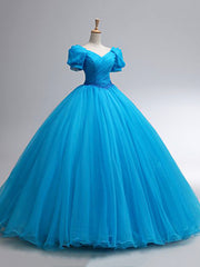 Beautiful Blue Rhinestone Floor Length Prom Dresses, A-Line Short Sleeve Evening Dresses