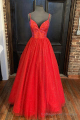 Red Tulle Beading Long Prom Dresses, A-Line Evening Party Dresses