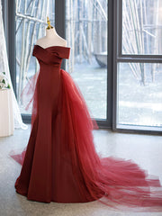 Mermaid V-Neck Satin Long Prom Dress,  Burgundy Off Shoulder Evening Dress with Bow