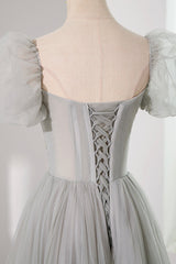 Gray Tulle Beading Long Prom Dress, A-Line Short Sleeve Evening Dress