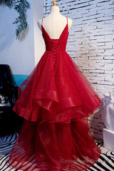 Red V-Neck Tulle Long Prom Dress, A-Line Evening Dress