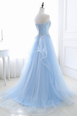 Blue Strapless Tulle Lace Long A-Line Prom Dress, Blue Evening Dress