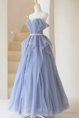 Blue Off Shoulder Tulle Long Formal Dress, A-Line Blue Evening Dress