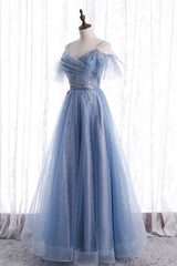 Blue Tulle Long A-Line Prom Dresses, Blue Spaghetti Strap Evening Dresses