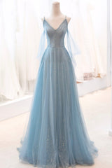 Blue Spaghetti Strap Tulle Long Prom Dress, V-Neck Evening Party Dress