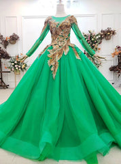 Custom Made Green Ball Gown Tulle Sequins Appliques Long Sleeve Wedding Dresses