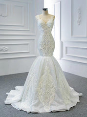 White Mermaid Sequins V-neck Appliques Beading Wedding Dresses