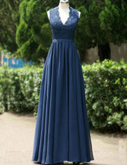 Modest A-Line Navy Blue Long Chiffon Bridesmaid Dresses