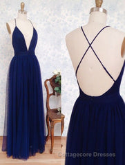 Simple A-line V Neck Navy Blue Long Prom Dress