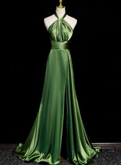 Green Soft Satin Halter Long Evening Dresses Party Dresses, Green A-line Prom Dresses