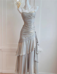 Sliver Grey Satin Straps Long Formal Gown, Cute Long Prom Dresses