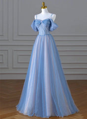 A-line Light Blue and Pink Long Evening Dresses, Blue Party Dresses Prom Dresses