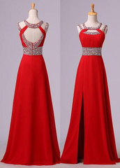 2025 Gorgeous Red Beading Open Back Chiffon Prom Dresses