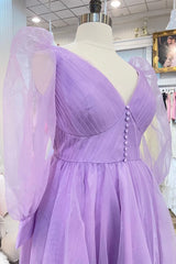 Lavender Tulle V Neck Illusion Neck Pleated Long Prom Dress