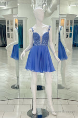 Blue Deep V Neck Straps A-line Appliques Chiffon Homecoming Dress