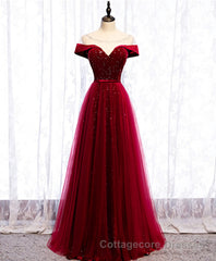 Burgundy Round Neck Tulle Sequin Long Prom Dress, Tulle Formal Dress