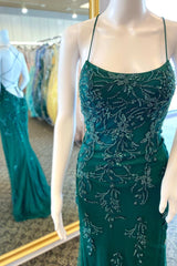 Hunter Green Floral Bead Lace-Up Back Mermaid Long Formal Dresses