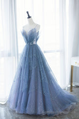 Blue Tulle Long A-Line Prom Dresses, Blue Evening Dresses with Beaded