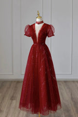 Burgundy Tulle Sequins Tea Length Prom Dress, A-Line Evening Dress