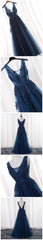 Glamorous Navy Blue Lace Tulle V Neck See Through Prom Dresses