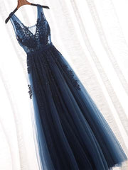 Glamorous Navy Blue Lace Tulle V Neck See Through Prom Dresses