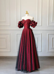 Off Shoulder Wine Red Sweetheart Tulle Prom Dresses, A-line Wine Red Evening Dresses