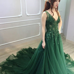 Dark Green Low Back Beaded Lace V-neckline Party Dresses, A-line Prom Dresses