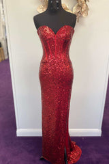 Mermaid Red Sequin Strapless Long Prom Dresses with Slit